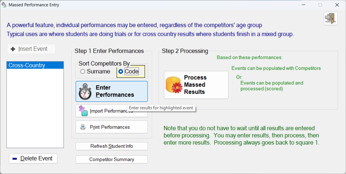 SportsTrak Massed Performance Entry screen
