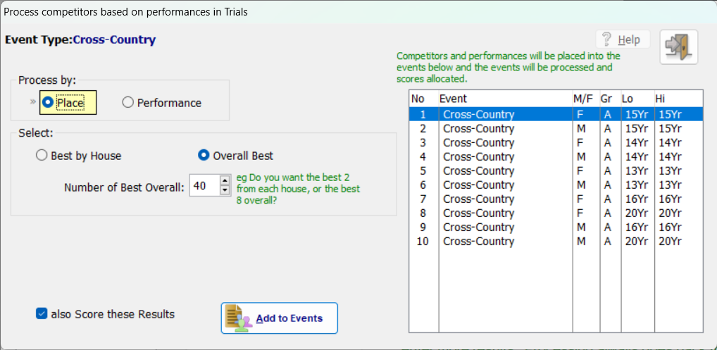 SportsTrak Process Massed Results screen